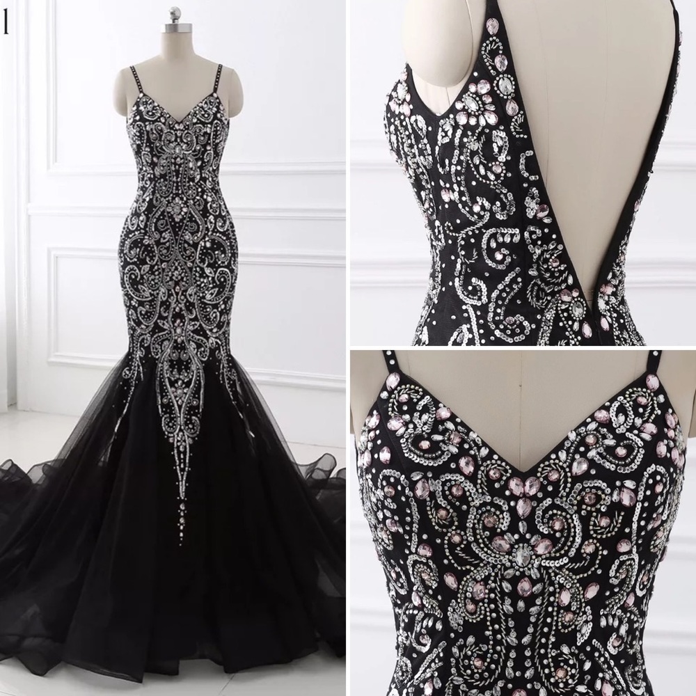 Size 10 mermaid black gown beaded pageant prom